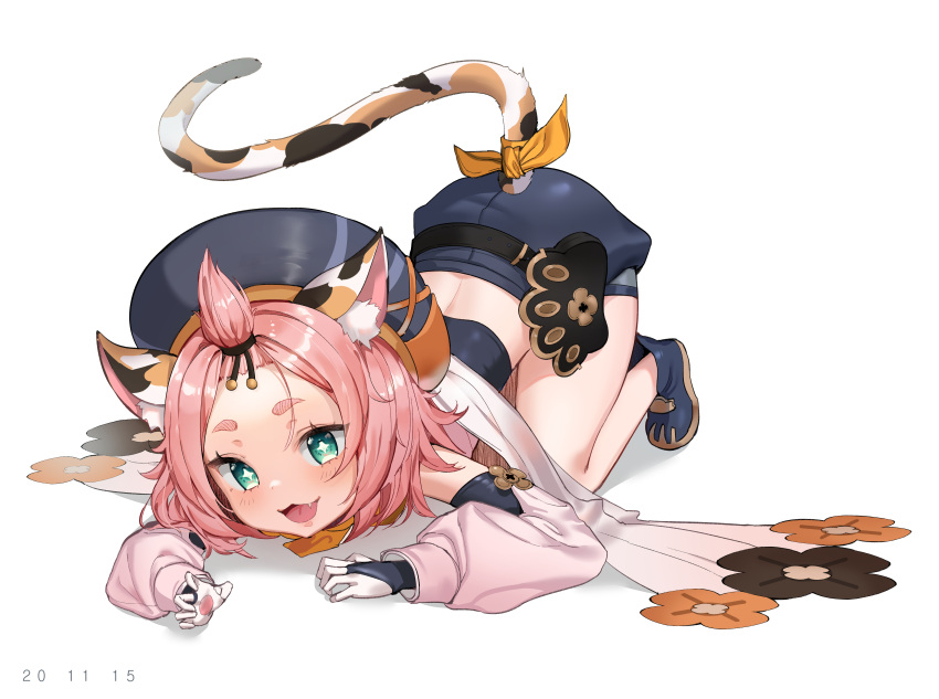 +_+ 1girl absurdres all_fours animal_ears blush cabbie_hat cat_ears cat_tail diona_(genshin_impact) full_body genshin_impact gloves green_eyes hair_ornament hat highres long_sleeves pink_hair shoes short_hair shorts simple_background solo sparkling_eyes tail tied_hair white_background wodnjs6712