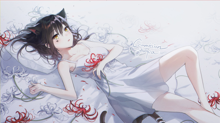 1girl alpha_(ypalpha79) animal_ear_fluff animal_ears bangs black_hair breasts cat_ears cat_girl cat_tail collarbone commission dress eyebrows_visible_through_hair flower long_hair looking_at_viewer lying on_back open_mouth original pillow small_breasts solo spider_lily tail white_dress yellow_eyes