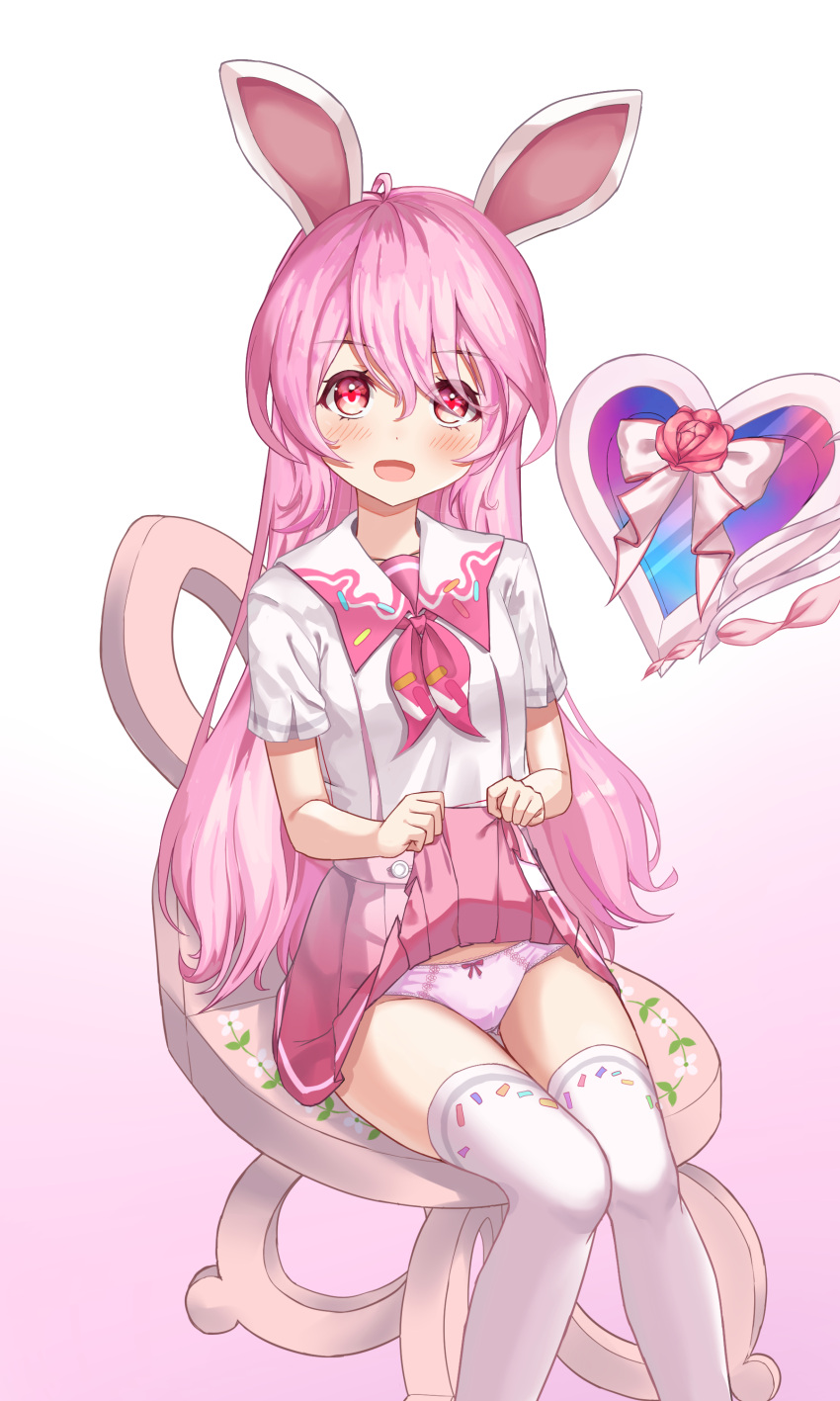 1girl absurdres animal_ears bangs blush bow chair commentary_request commission double-breasted elsword feet_out_of_frame gradient gradient_background hair_between_eyes happycloud heart highres laby_(elsword) lifted_by_self long_hair looking_at_viewer open_mouth panties pink_background pink_hair pink_panties pink_shirt pink_skirt pleated_skirt rabbit_ears sailor_collar shirt short_sleeves sitting skirt skirt_lift smile solo thigh-highs two-tone_shirt underwear very_long_hair white_background white_legwear white_shirt zettai_ryouiki