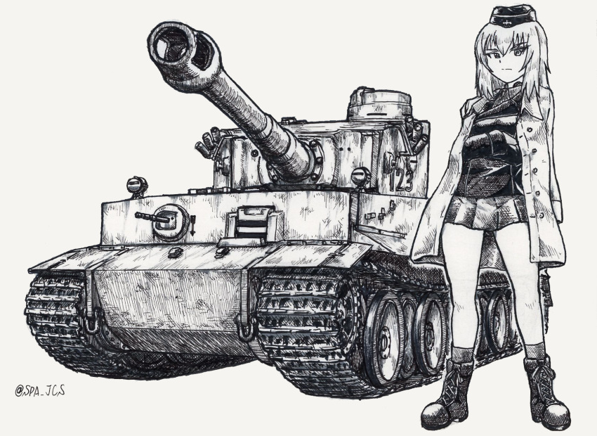 1girl ankle_boots ballpoint_pen_(medium) bangs boots closed_mouth coat coat_on_shoulders commentary cross-laced_footwear crossed_arms dress_shirt frown garrison_cap girls_und_panzer ground_vehicle hat highres insignia itsumi_erika jacket kuromorimine_military_uniform long_sleeves looking_at_viewer medium_hair military military_hat military_uniform military_vehicle miniskirt motor_vehicle nspa_(spa-jcs) pleated_skirt shirt skirt socks solo standing tank tiger_i traditional_media twitter_username uniform wing_collar