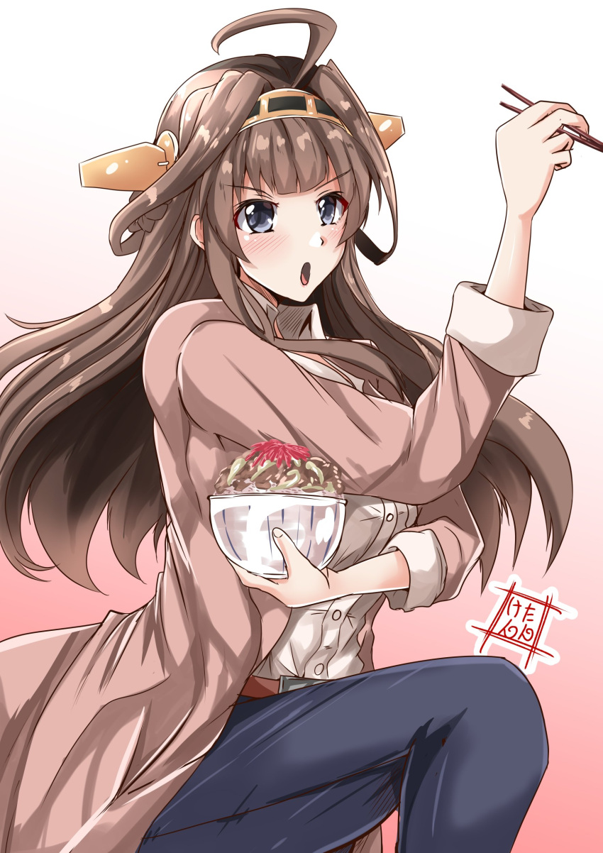 1girl absurdres ahoge artist_logo bowl brown_background brown_coat brown_hair chopsticks coat commentary_request cowboy_shot denim double_bun food gradient gradient_background gyuudon headgear highres jeans kantai_collection kentan_(kingtaiki) kongou_(kantai_collection) long_hair looking_at_viewer official_alternate_costume pants pose solo white_background