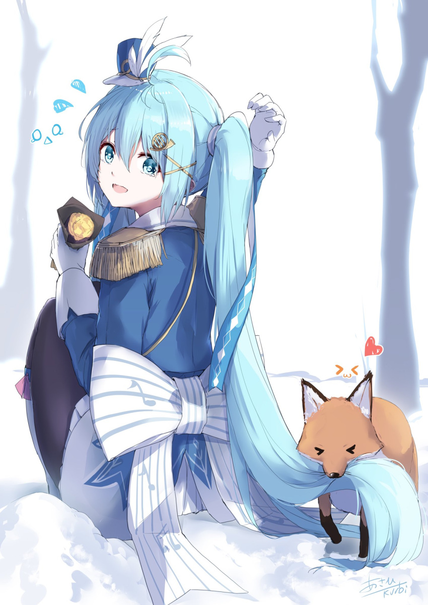 &gt;_&lt; 1girl ahoge aqua_eyes aqua_hair asahi_kuroi band_uniform biting_hair black_legwear blue_headwear blue_jacket blue_ribbon commentary epaulettes food fox from_behind gloves hair_ornament hair_ribbon hairclip hand_up hat_feather hatsune_miku heart highres holding holding_food jacket long_hair looking_back mini_shako_cap miniskirt o_o outdoors pantyhose ribbon sitting skirt snow sweatdrop sweet_potato tears twintails very_long_hair vocaloid white_gloves white_ribbon white_skirt yakiimo yuki_miku yuki_miku_(2020)