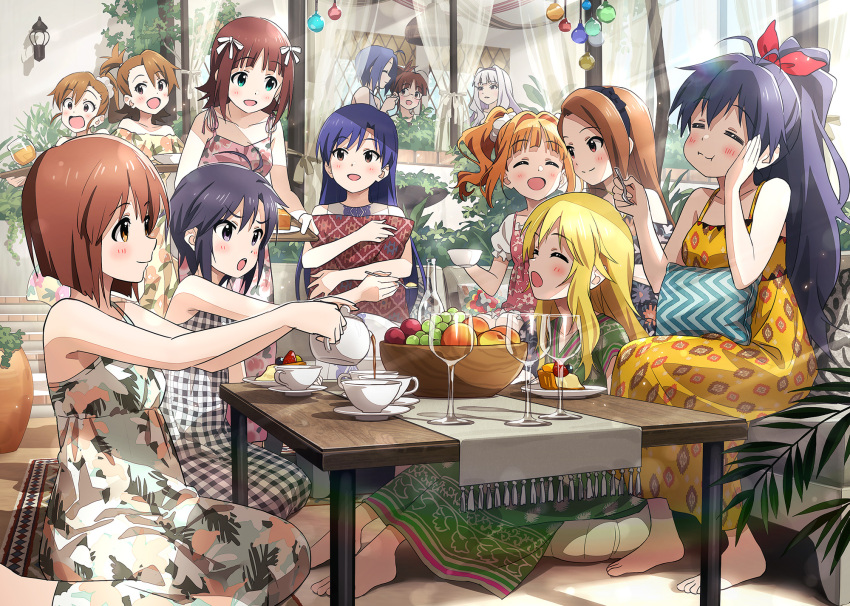 6+girls :d :o :t =_= ^_^ ahoge akizuki_ritsuko amami_haruka antenna_hair aqua_eyes bangs bare_arms bare_shoulders barefoot beige_dress black_bow black_dress black_hair black_hairband blonde_hair blue_hair blunt_bangs blush bob_cut bottle bow bow_hairband bowl brown_hair building cake cake_slice carpet chewing closed_eyes closed_mouth collarbone couch cup curtains day dress drinking_glass everyone eyebrows_visible_through_hair facing_another feeding floral_print food fork frilled_sleeves frills fruit futami_ami futami_mami ganaha_hibiki glasses grapes green_dress hagiwara_yukiho hair_bow hair_intakes hair_ornament hair_ribbon hair_scrunchie hairband hand_on_own_cheek hand_on_own_face hand_up hands_up high_ponytail highres holding holding_cup holding_fork holding_teapot holding_tray hoshii_miki house idolmaster idolmaster_(classic) jar kikuchi_makoto kisaragi_chihaya light_particles looking_at_another looking_to_the_side medium_hair miura_azusa multiple_girls off-shoulder_dress off_shoulder on_couch on_floor one_side_up open_mouth orange_dress orange_hair outdoors outstretched_arm outstretched_arms parted_bangs peach pillow pillow_hug pink_dress plaid plaid_dress plant ponytail potted_plant pouring print_dress profile red_bow red_dress ribbon saucer scrunchie shadow shijou_takane shiny shiny_hair short_sleeves siblings sidelocks sideways_glance sisters sitting sleeveless sleeveless_dress smile sonsoso spaghetti_strap stairs standing strawberry sundress sunlight table takatsuki_yayoi tassel tea teacup teapot tray twins twintails upper_teeth vase violet_eyes wariza white_dress white_hair white_ribbon white_scrunchie white_sleeves window wooden_table