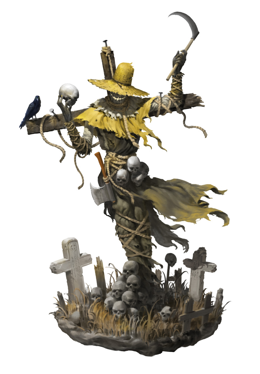 absurdres animal axe bird cross crow fingernails grass green_eyes grin hat highres holding holding_skull holding_weapon ji_ho_song monster nail noose original restrained rope scarecrow sickle simple_background skull smile tombstone torn torn_clothes veins weapon white_background yellow_headwear yellow_nails
