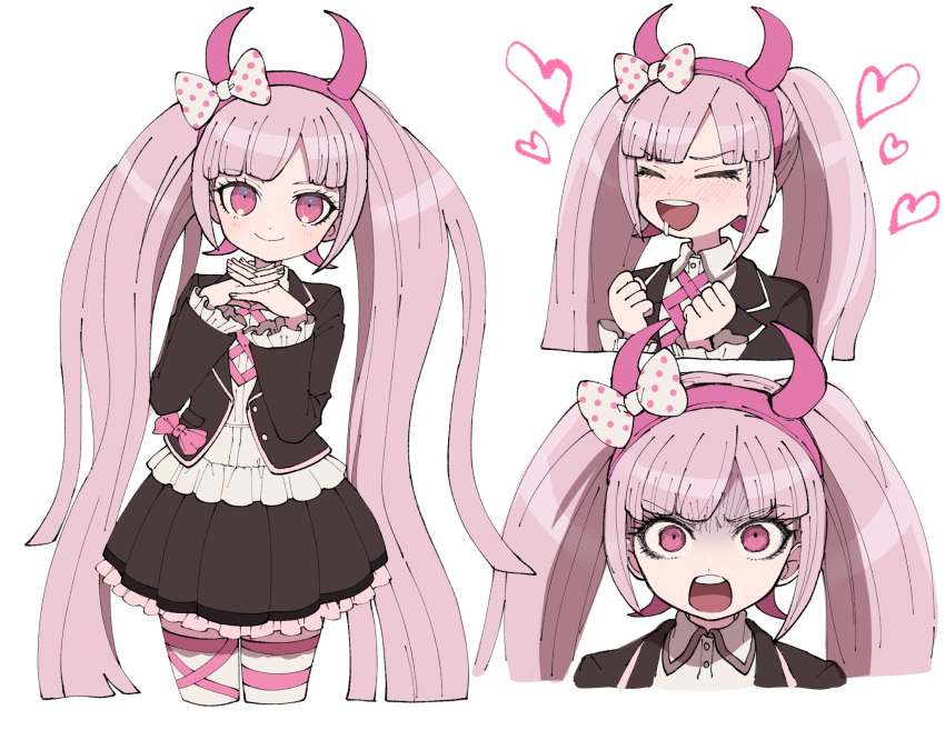 1girl angry blush bow closed_eyes closed_mouth collared_shirt dangan_ronpa drooling empty_eyes eyebrows_visible_through_hair fake_horns frilled_sleeves frills furrowed_eyebrows hair_bow hairband heart highres horns long_hair multiple_views omochi_ksw open_mouth pink_eyes pink_hair polka_dot polka_dot_bow saliva shirt simple_background skirt smile striped striped_legwear twintails upper_teeth utsugi_kotoko v-shaped_eyebrows very_long_hair white_background zettai_zetsubou_shoujo