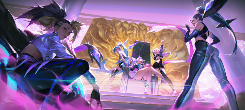 5girls absurdres ahri akali alov animal_ears aqua_hair arm_up armlet ass black_hair blonde_hair blue_eyes breasts cropped_jacket crossed_legs crystal_earrings crystal_tail earrings elbow_gloves evelynn_(league_of_legends) fingerless_gloves forehead fox_ears garter_straps gloves high_heels highres jewelry k/da_(league_of_legends) kai'sa league_of_legends lips long_hair looking_at_viewer medium_breasts multicolored_hair multiple_girls pants ponytail seraphine_(league_of_legends) sitting smile squatting the_baddest_ahri the_baddest_akali the_baddest_evelynn the_baddest_kai'sa thigh-highs tight tight_pants two-tone_hair violet_eyes yellow_eyes