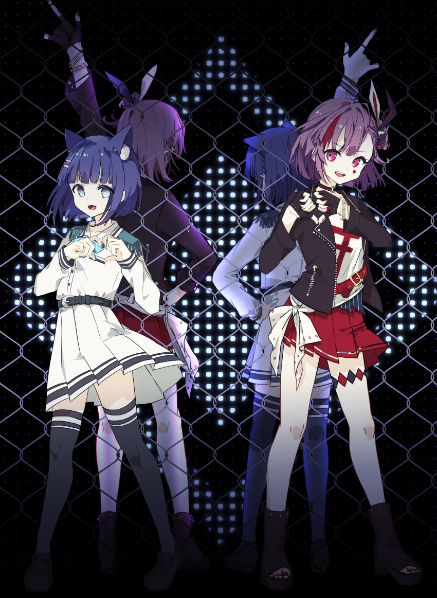 4girls absurdres animal_ear_fluff animal_ears arm_up back-to-back bangs belt black_jacket blue_bow blue_eyes blue_hair blue_nails blue_neckwear bow bracelet chain-link_fence chibirisu choker collared_shirt diamond_(shape) epaulettes eyebrows_visible_through_hair fake_animal_ears fence fingerless_gloves from_behind full_body gloves hair_ornament hairclip hand_on_hip height_difference highres jacket jewelry long_sleeves multicolored_hair multiple_girls nail_polish one_side_up open_clothes open_jacket open_mouth open_toe_shoes own_hands_together pleated_skirt pointing pointing_up purple_hair rabbit_ears red_eyes red_nails red_skirt redhead rukiroki sasugano_ruki shirt short_hair skirt smile streaked_hair tenjin_kotone tenjin_kotone_(channel) thigh-highs tied_shirt virtual_youtuber white_shirt white_skirt zettai_ryouiki