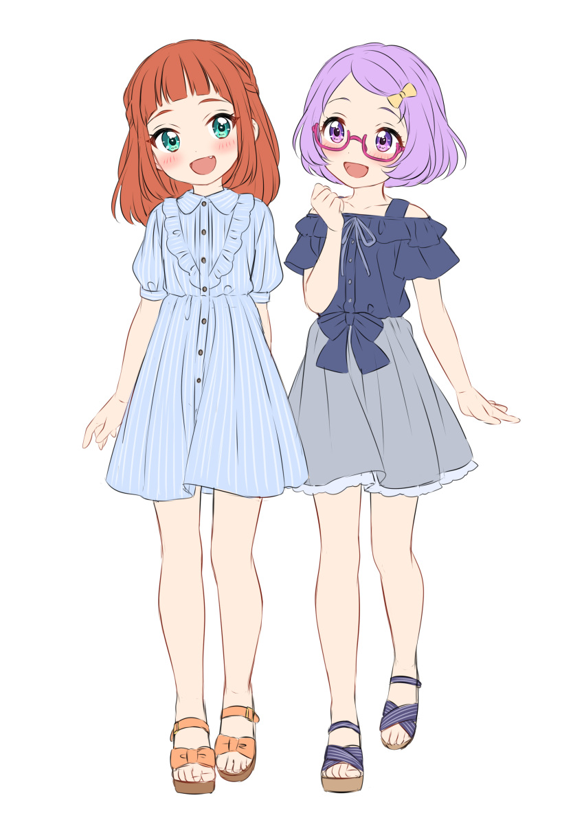 2girls :d absurdres aikatsu! aikatsu!_(series) aikatsu_stars! blue_dress blue_eyes blue_shirt bob_cut bow braid brown_hair character_request dress fang french_braid glasses grey_skirt hair_bow highres medium_hair multiple_girls nanakura_koharu open_mouth pink-framed_eyewear puffy_short_sleeves puffy_sleeves purple_hair sandals sekina semi-rimless_eyewear shirt short_hair short_sleeves simple_background skirt smile standing under-rim_eyewear violet_eyes white_background yellow_bow