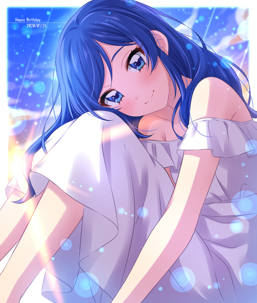 1girl absurdres aikatsu! aikatsu!_(series) bare_shoulders blue_eyes blue_hair blue_sky blurry blurry_background blush bokeh border closed_mouth dated day depth_of_field dress english_text feet_out_of_frame happy_birthday head_tilt highres kiriya_aoi light_rays long_hair looking_at_viewer sekina sitting sky smile solo sun sunset white_border white_dress