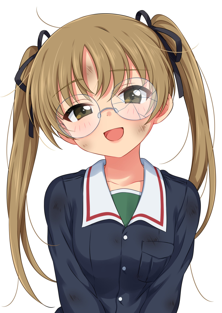 1girl :d absurdres black_ribbon blush breast_pocket broken_eyewear brown_eyes brown_hair character_request dirty dirty_clothes dirty_face eyebrows_visible_through_hair girls_und_panzer glasses grey_jacket hair_ribbon head_tilt highres jacket long_hair long_sleeves looking_at_viewer messy_hair open_mouth pocket ribbon round_eyewear sekina simple_background smile solo upper_body white_background