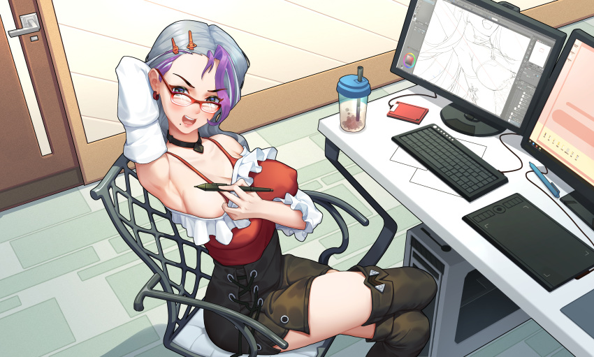 1girl :d absurdres armpits asymmetrical_hair black_choker breasts bubble_tea chair choker computer covered_nipples cross-laced_clothes cross-laced_skirt drawing_tablet eyebrows_visible_through_hair finaru-dorim frills from_above hair_ornament hairclip highres holding holding_pen indoors keyboard_(computer) large_breasts miniskirt mole mole_under_mouth open_mouth original pen purple_hair red-framed_eyewear red_tank_top silver_hair skirt smile solo spaghetti_strap tank_top teacher thigh-highs zettai_ryouiki
