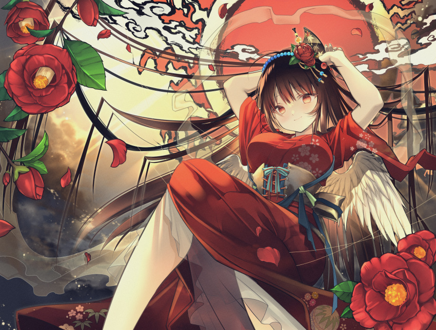 1girl absurdres arms_up bangs black_hair breasts closed_mouth commentary_request dated eyebrows_visible_through_hair feathered_wings feet_out_of_frame floral_print flower hair_flower hair_ornament highres japanese_clothes kimono long_hair looking_at_viewer low_wings medium_breasts obi original owl_(polaris_ilu) print_kimono red_eyes red_flower red_kimono red_rose rose sash short_sleeves signature smile solo very_long_hair white_wings wide_sleeves wings