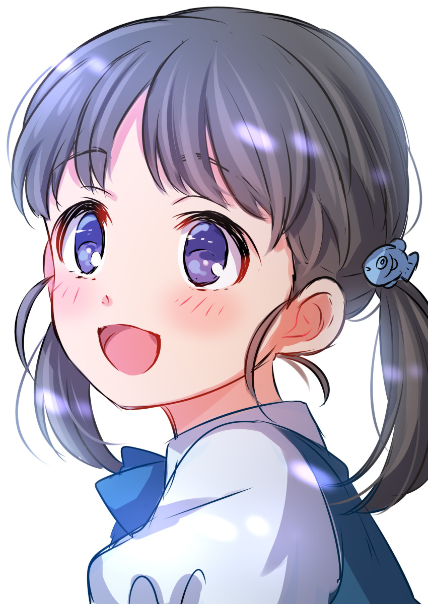 1girl :d absurdres blush brown_hair copyright_request fish_hair_ornament hair_ornament highres looking_at_viewer medium_hair open_mouth puffy_short_sleeves puffy_sleeves sekina shirt short_sleeves simple_background smile solo twintails upper_body violet_eyes white_background white_shirt