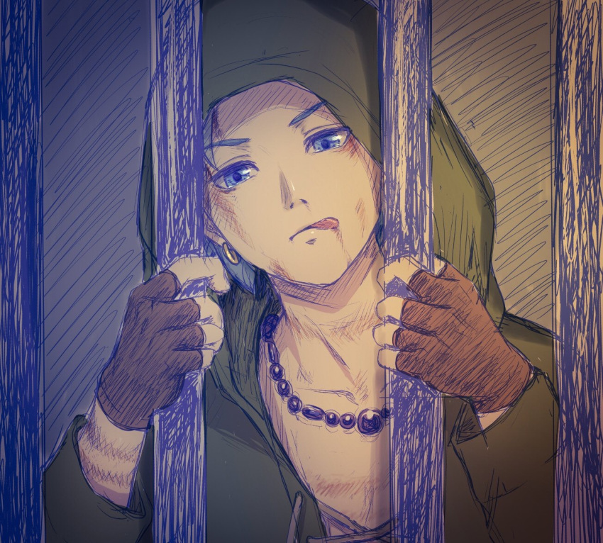 1boy bars blue_eyes blue_hair brown_gloves camus_(dq11) collarbone commentary_request dragon_quest dragon_quest_xi earrings fingerless_gloves gloves green_hoodie hands_up hood hood_up hoodie jewelry long_sleeves looking_at_viewer male_focus mondi_hl necklace sketch solo tongue tongue_out upper_body