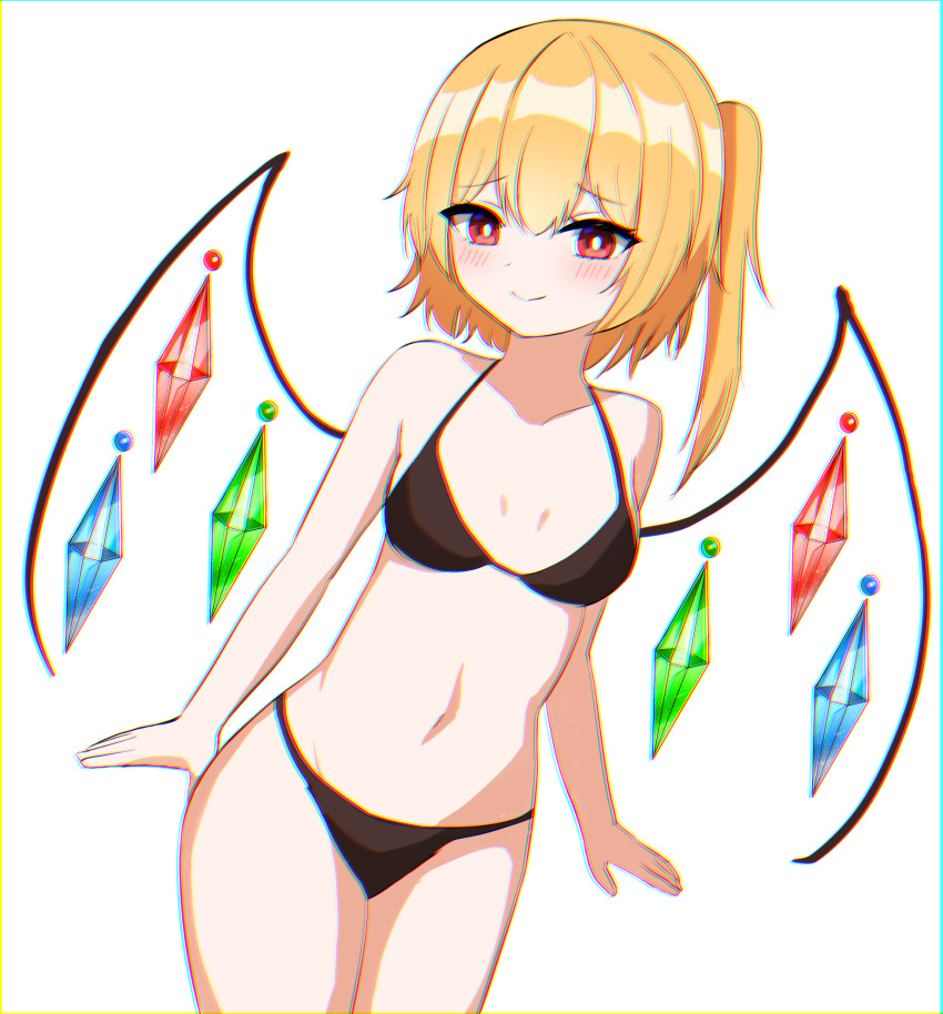 1girl arms_at_sides bare_shoulders bikini black_bikini blonde_hair blush breasts bright_pupils chromatic_aberration closed_mouth collarbone cowboy_shot crystal dutch_angle eyebrows_visible_through_hair facing_viewer flandre_scarlet furrowed_eyebrows highres kiui_(dagk8254) medium_breasts navel one_side_up red_eyes short_hair simple_background smile solo standing sweatdrop swimsuit touhou white_background wings