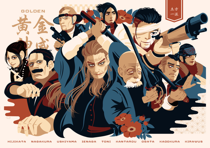 1girl 6+boys absurdres ainu_clothes bald beard black_eyes black_hair brown_eyes brown_hair character_name copyright_name facial_hair facial_scar fighting_stance forehead_scar golden_kamuy gun headband highres hijikata_toshizou_(golden_kamuy) holding holding_gun holding_sword holding_weapon ienaga_kano japanese_clothes kadokura_(golden_kamuy) katana kirawus_(golden_kamuy) looking_at_viewer multiple_boys ogata_hyakunosuke old_man rifle scar stubble sword syringe toni_anji ushiyama_tatsuma vivi66 weapon white_hair wrinkled_skin