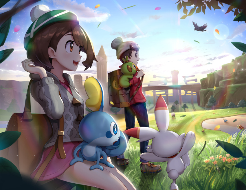 1boy 1girl :d backpack bag bangs beanie blue_pants bob_cut brown_bag brown_eyes brown_hair building cable_knit cardigan clouds collared_dress commentary_request corviknight cramorant drednaw dress floating_hair flower flying gen_8_pokemon gloria_(pokemon) gonzarez gossifleur grass green_headwear grey_cardigan grey_footwear grey_headwear hand_up hat holding_strap hooded_cardigan lens_flare light_rays long_sleeves looking_back on_lap on_shoulder open_mouth pants pink_dress pokemon pokemon_(creature) pokemon_(game) pokemon_on_lap pokemon_on_shoulder pokemon_swsh red_shirt scorbunny shirt shoes short_hair sitting sky sleeves_rolled_up smile sobble standing standing_on_one_leg starter_pokemon_trio sunbeam sunlight swept_bangs tam_o'_shanter tree upper_teeth victor_(pokemon) water wind wooloo yamper