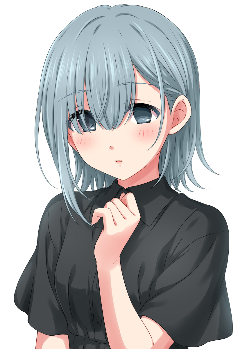 1girl absurdres blue_eyes blue_hair bob_cut copyright_request empty_eyes hand_up highres looking_at_viewer medium_hair parted_lips sekina short_sleeves simple_background solo white_background