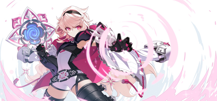 1girl armor belt black_gloves black_legwear blonde_hair bodysuit bracer coat cowboy_shot drawstring elsword flat_chest flower gauntlets gloves hairband highres laby_(elsword) long_hair magic manamachii mandala one_side_up open_clothes open_coat pauldrons portal_(object) red_eyes ripples shoulder_armor solo sparkle thigh-highs very_long_hair white_bodysuit white_coat wind