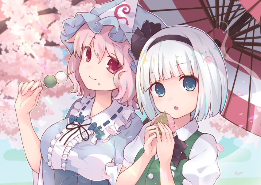 2girls :o bangs black_bow black_hairband black_neckwear black_ribbon blue_bow blue_eyes blue_headwear blue_kimono blunt_bangs blush bob_cut bow bowtie breasts cherry_blossoms collared_shirt commentary_request dango day eating eyebrows_visible_through_hair food food_on_face frilled_shirt_collar frills green_vest hair_ribbon hairband hat highres hitodama holding holding_food japanese_clothes kimono konpaku_youmu konpaku_youmu_(ghost) leaf light_rays long_sleeves looking_at_viewer medium_breasts mob_cap multiple_girls open_mouth outdoors petals pink_hair ribbon saigyouji_yuyuko sanshoku_dango sawara_(starligtvision) shirt short_hair silver_hair spring_(season) sunbeam sunlight touhou triangular_headpiece upper_body vest violet_eyes wagashi white_shirt