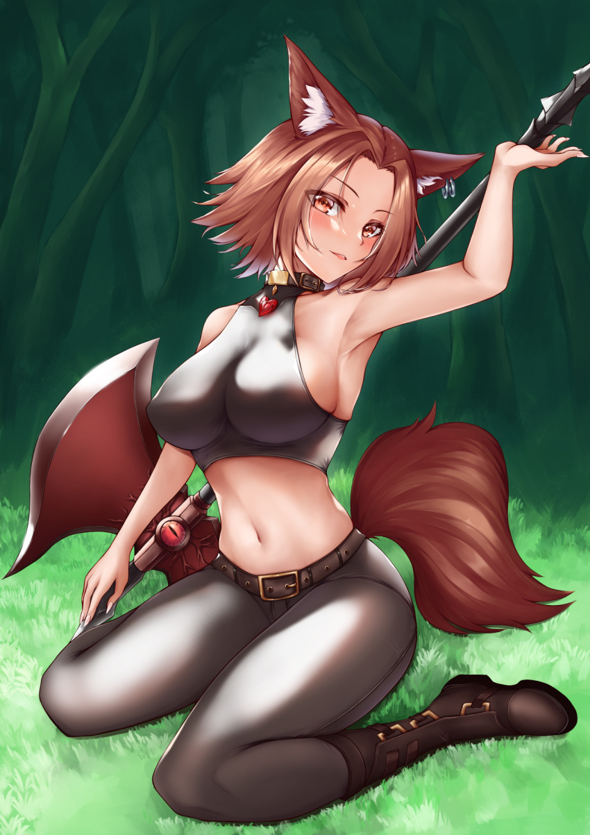 1girl animal_ear_fluff animal_ears armpits axe bangs bare_shoulders belt black_pants blush boots breasts brown_belt brown_collar brown_eyes brown_footwear brown_hair collar collarbone commission covered_nipples crop_top ear_piercing ed_granger english_commentary eyebrows_visible_through_hair forest full_body grass groin highres holding holding_axe impossible_clothes knee_boots large_breasts looking_at_viewer midriff nature navel original pants parted_bangs parted_lips piercing short_hair sideboob sidelocks sitting smile solo tail tight tight_pants wariza wolf_ears wolf_tail