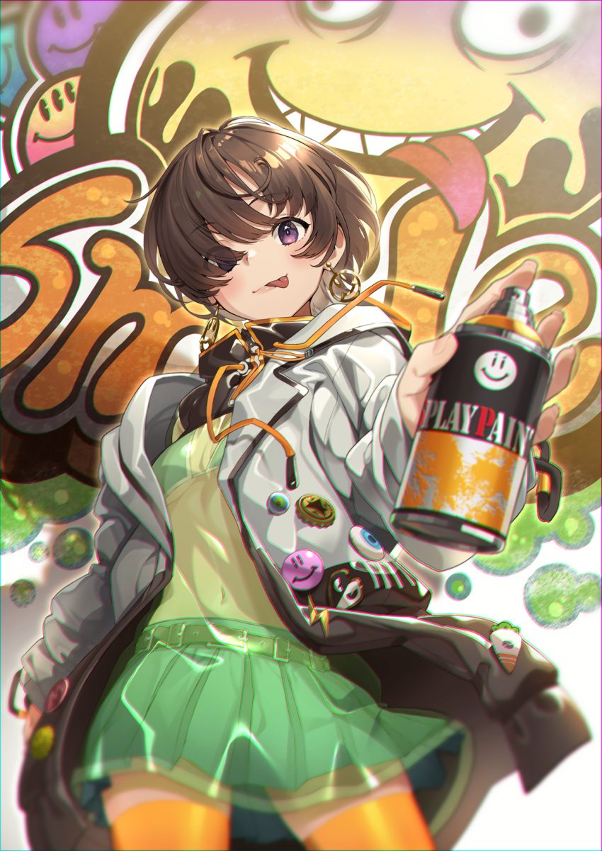 1girl bikini brown_hair e90vwggy earrings english_text graffiti highres hood jacket jewelry navel orange_legwear original paint_splatter short_hair skirt spray_paint swimsuit thigh-highs tongue violet_eyes