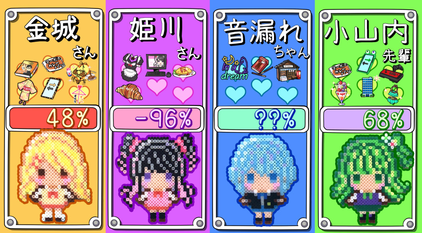 4girls ?? absurdres ai_ai_gasa apartment apron bikini black_hair blonde_hair blue_eyes bow bowtie box cardigan cat cellphone commentary_request computer controller croissant curry_bread eyeball_hair_ornament food fuse_beads game_controller green_eyes green_hair grey_hair highres himekawa_(shashaki) ice_cream jacket japanese_clothes kimono kinjyou_(shashaki) kirby:_star_allies kirby_(series) long_hair maid_apron manga_(object) moon multicolored_hair multiple_girls neon_lights omurice original osanai_(shashaki) otomore_(shashaki) package phone pocky purple_hair school_uniform scrunchie shashaki short_hair side_ponytail skirt smartphone socks star_(symbol) storefront sundae swimsuit translation_request twintails two-tone_hair violet_eyes yellow_eyes yukata