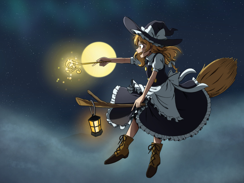 1girl apron black_dress blonde_hair boots bow braid broom broom_riding brown_footwear buttons clouds commentary dress eyebrows_visible_through_hair flying frilled_dress frills from_side full_body full_moon giantcavemushroom glowing hair_bow hat hat_bow highres kirisame_marisa lantern light_particles magic moon mountainous_horizon multicolored multicolored_clothes multicolored_dress night night_sky open_mouth pointing sky smile solo star_(sky) touhou twitter_username wand white_apron white_bow white_dress witch_hat yellow_eyes