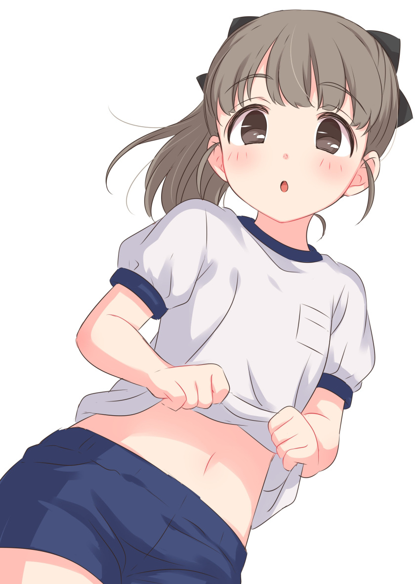 1girl absurdres black_bow blue_shorts blush bow brown_eyes brown_hair copyright_request cowboy_shot hair_bow highres looking_at_viewer navel parted_lips ponytail puffy_short_sleeves puffy_sleeves sekina shirt short_shorts short_sleeves shorts simple_background solo standing white_background white_shirt