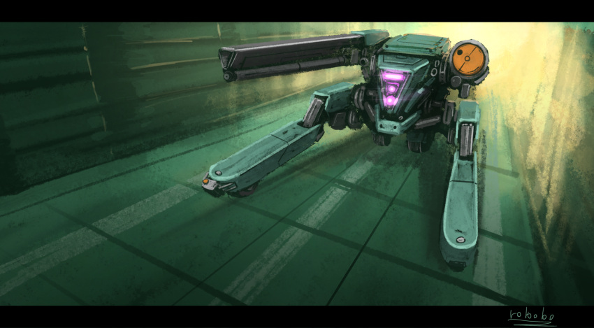 artist_name bottoms1237 glowing glowing_eyes hallway highres looking_ahead mecha no_humans original railgun science_fiction shoulder_cannon solo violet_eyes wheel