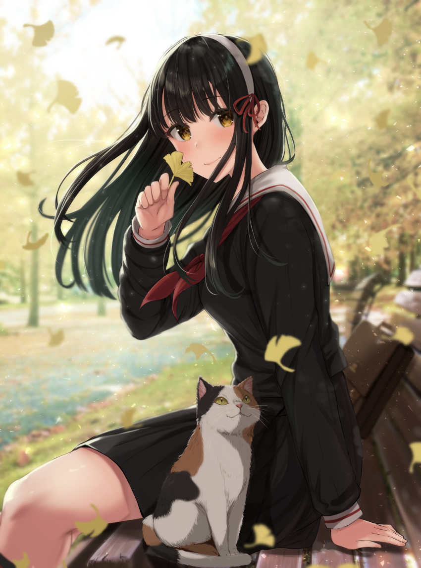 1girl absurdres arm_support autumn autumn_leaves backlighting bangs bench black_hair blurry blush breasts cat day depth_of_field eyebrows_visible_through_hair falling_leaves from_side hairband hand_up harameruko highres holding holding_leaf huge_filesize leaf light_particles long_hair looking_at_viewer neckerchief on_bench original outdoors park park_bench pleated_skirt sailor_collar school_briefcase school_uniform serafuku sitting skirt smile solo tree wind yellow_eyes