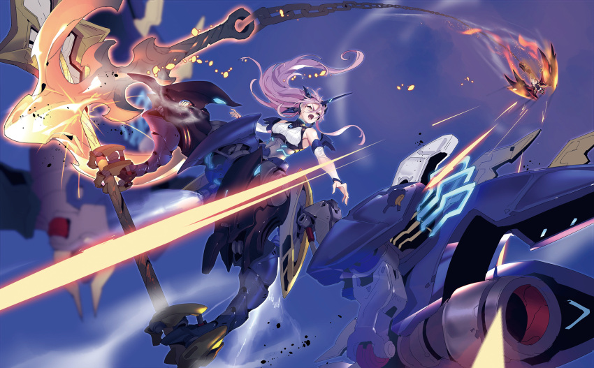 2girls anchor battle bird_legs breasts chain fighting firing floating_hair highres holding holding_lance holding_polearm holding_weapon lance laser looking_up mecha_musume mechanical_legs mechanical_wings medium_breasts multiple_girls open_hands open_mouth original polearm purple_hair science_fiction sky v-shaped_eyebrows weapon wings yellow_eyes zhu_fun