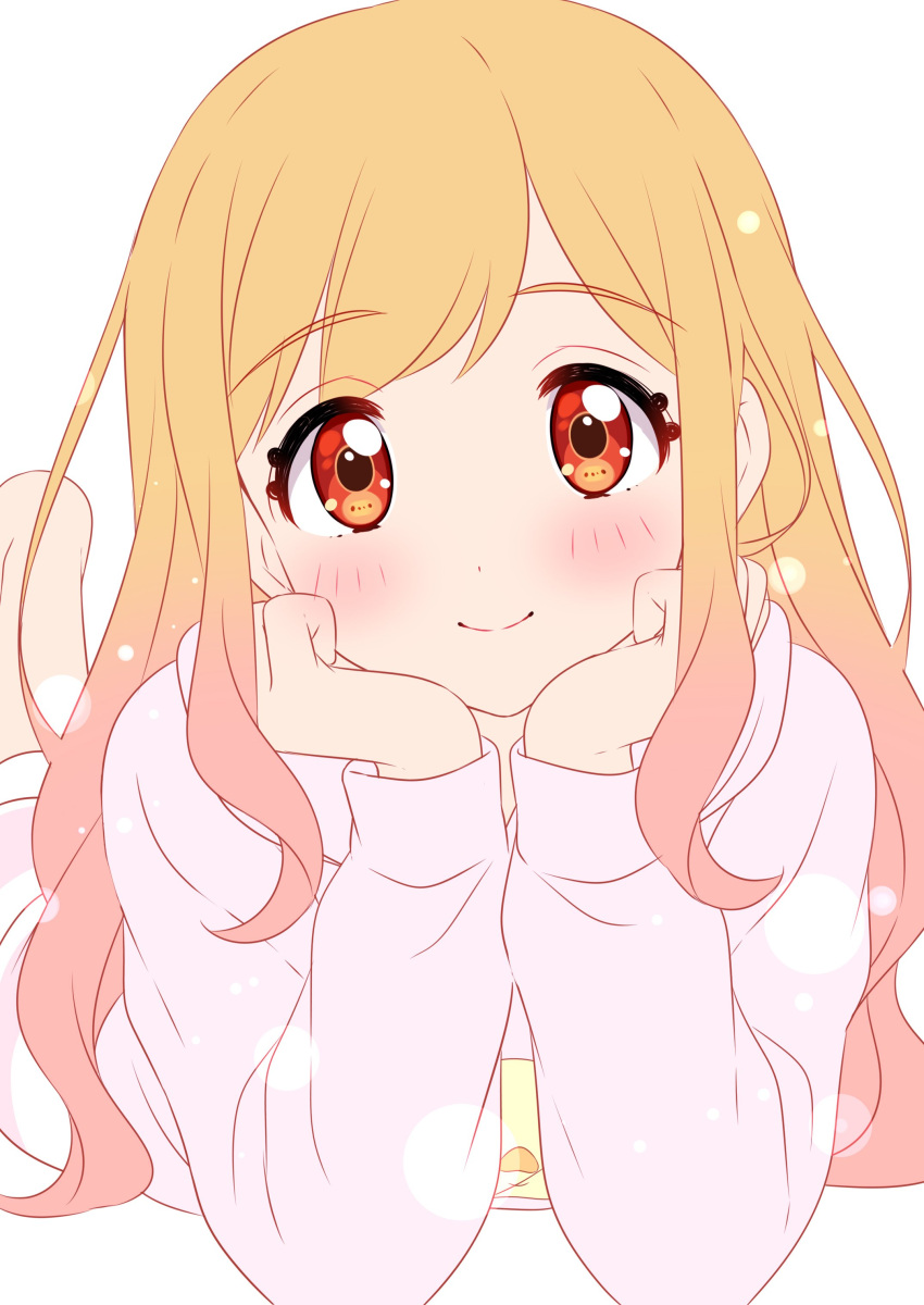 1girl absurdres aikatsu! aikatsu!_(series) barefoot blonde_hair blush chin_rest closed_mouth dot_nose gradient_hair hair_down hands_up highres hood hood_down hoodie long_hair looking_at_viewer lying multicolored_hair nijino_yume on_stomach pajamas pink_hair pink_hoodie pink_shorts red_eyes sekina shorts simple_background smile solo white_background