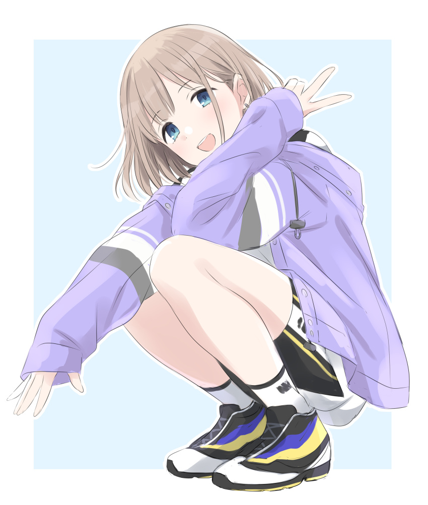 1girl :d absurdres blue_background blue_eyes bob_cut border brown_hair copyright_request earrings from_side hand_up head_tilt highres hood hooded_jacket jacket jewelry long_sleeves looking_at_viewer looking_to_the_side medium_hair open_mouth outline purple_jacket round_teeth sekina shoes short_shorts shorts smile socks solo squatting teeth upper_teeth v white_border white_legwear white_outline