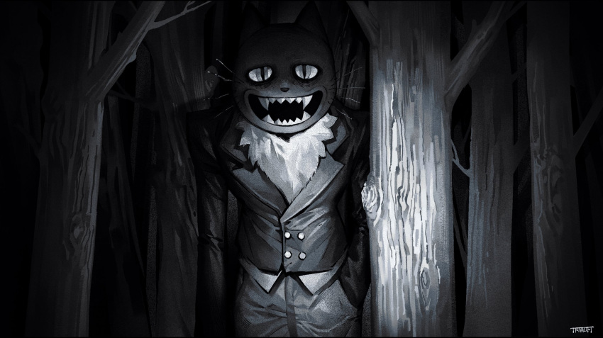 1boy artist_name buttons cat_mask coat cowboy_shot dark double-breasted fear_&amp;_hunger fear_&amp;_hunger_2:_termina forest fur_trim greyscale hand_in_pocket hanstrmoft highres horror_(theme) long_sleeves looking_at_viewer mask monochrome nature night outdoors pants pocketcat_(fear_&amp;_hunger) solo tailcoat