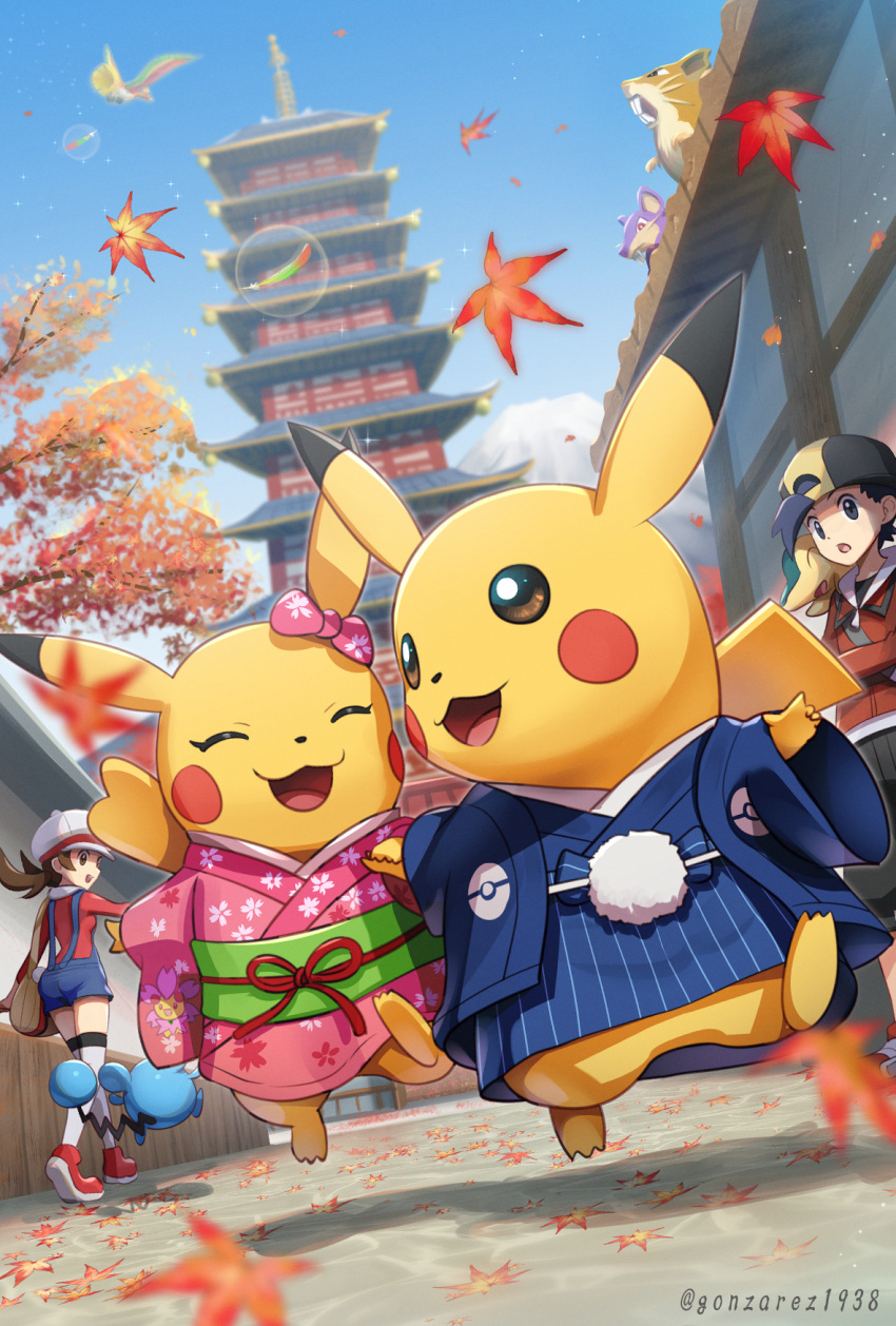 1boy 1girl :3 :d :o autumn_leaves backwards_hat bag baseball_cap black_hair black_pants blue_kimono blue_overalls blurry bow breasts brown_hair buck_teeth character_print cherrim cherrim_(sunshine) closed_eyes clothed_pokemon commentary_request cyndaquil day depth_of_field ecruteak_city ethan_(pokemon) falling_leaves feathers floral_print flying gen_1_pokemon gen_2_pokemon gen_4_pokemon gonzarez hair_through_headwear haori happy hat highres ho-oh holding_hands japanese_clothes jumping kimono leaf legendary_pokemon long_sleeves looking_at_another lyra_(pokemon) marill mountain new_year obi open_mouth overalls pagoda pants pikachu pink_bow pink_kimono poke_ball_print pokemon pokemon_(creature) pokemon_(game) pokemon_hgss print_kimono rainbow_wing_(pokemon) raticate rattata red_footwear red_ribbon red_shirt ribbon sash shadow shirt shoes short_hair shoulder_bag small_breasts smile sneakers sparkle standing teeth thigh-highs tree twitter_username walking white_headwear white_legwear wide_sleeves