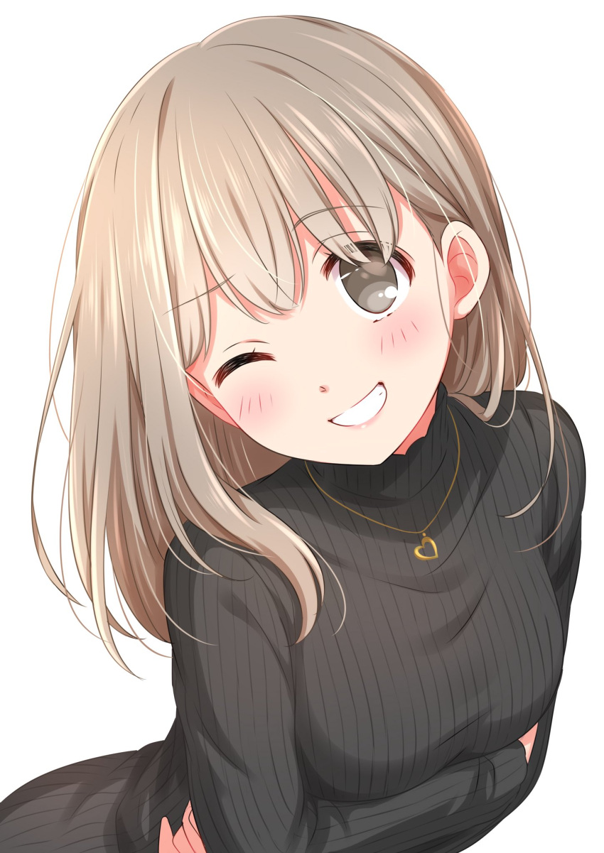 1girl :d black_sweater blush brown_eyes brown_hair copyright_request heart heart_necklace highres long_hair long_sleeves looking_at_viewer one_eye_closed open_mouth ribbed_sweater sekina simple_background smile solo sweater white_background