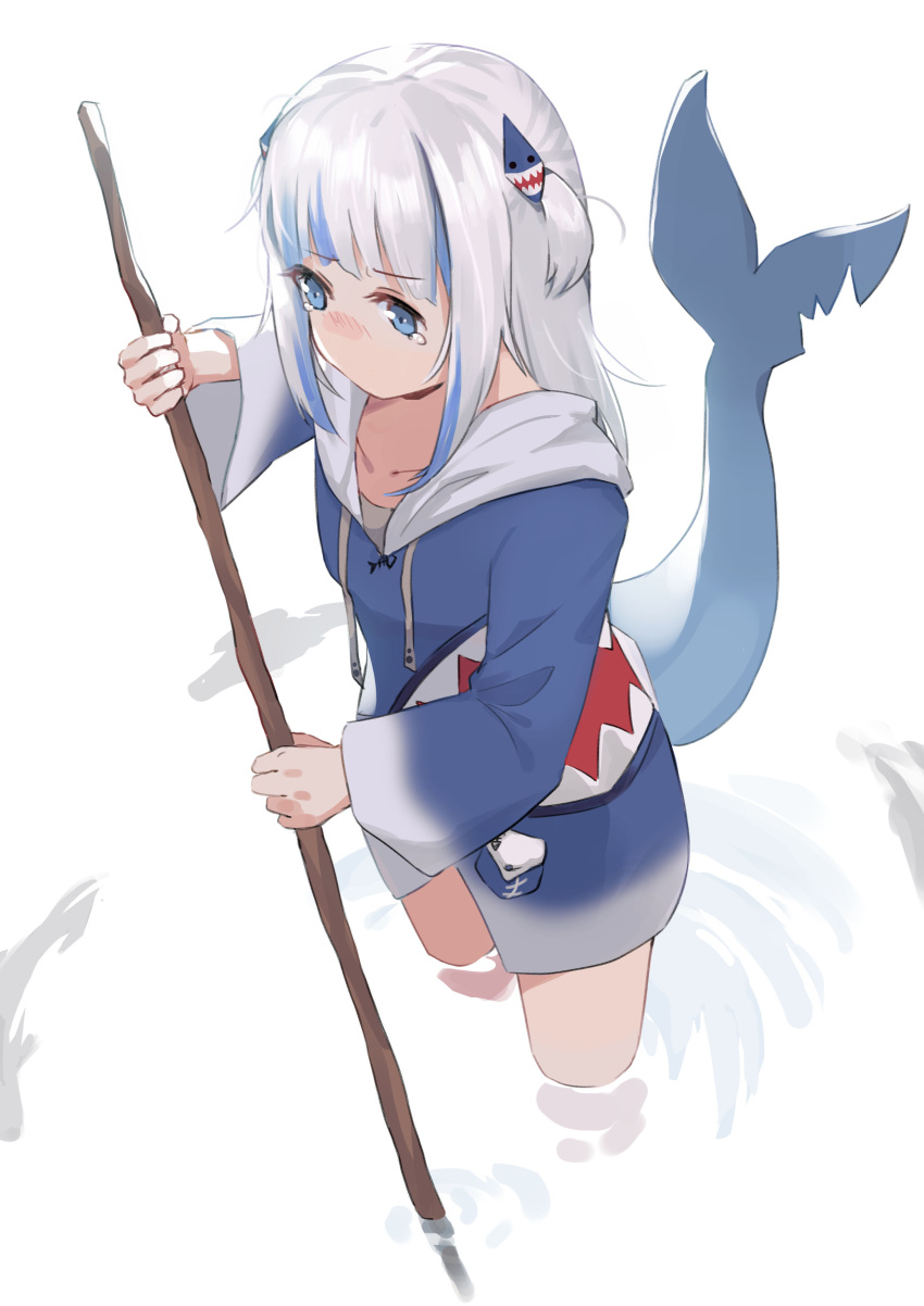 absurdres bangs blue_eyes blue_hair blue_hoodie blunt_bangs blush collarbone commentary_request drawstring fish_tail fishing gawr_gura highres holding hololive hololive_english hood hoodie ina_(inadiary) long_hair long_sleeves looking_away looking_down multicolored_hair no_pants nose_blush shark_girl shark_tail silver_hair standing streaked_hair tail tears two-tone_hair two_side_up v-shaped_eyebrows virtual_youtuber wading water wide_sleeves