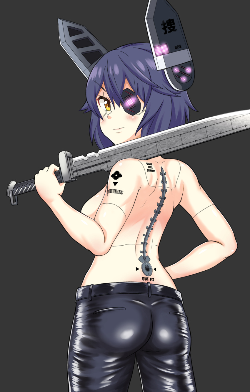 1girl alternate_costume artificial_eye ass back belt black_belt black_pants breasts convenient_arm from_behind headgear highres holding holding_sword holding_weapon kantai_collection large_breasts leather leather_pants mechanical_eye mechanical_parts over_shoulder pants purple_hair short_hair solo sword sword_over_shoulder tenryuu_(kantai_collection) topless tsukemon weapon weapon_over_shoulder yellow_eyes