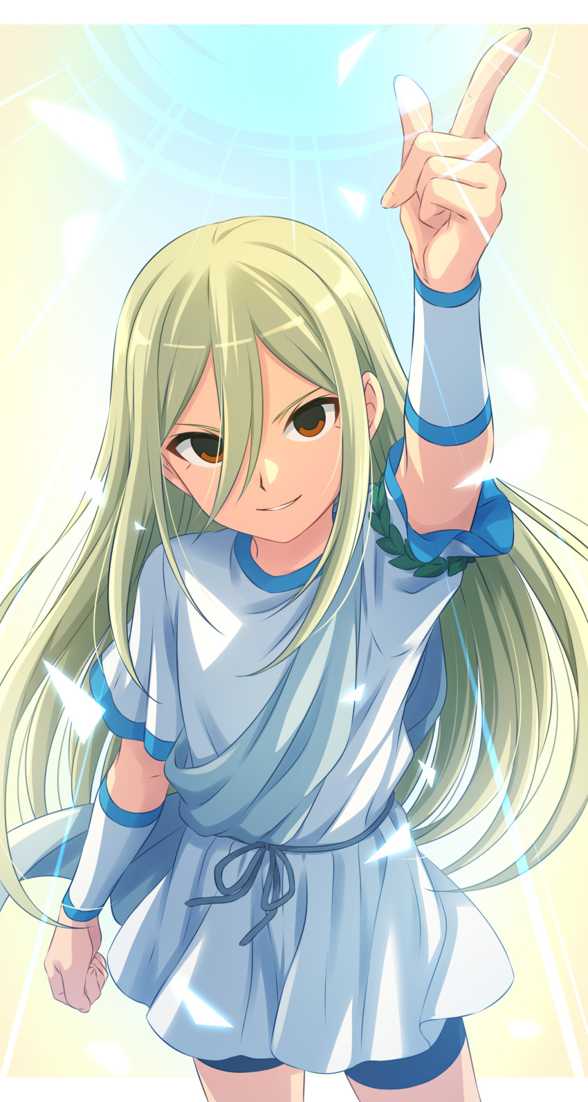 1girl absurdres bike_shorts blonde_hair blue_shorts brown_eyes clenched_hand copyright_request cowboy_shot dress hand_up highres index_finger_raised long_hair looking_at_viewer ribbon sekina short_sleeves shorts smile solo white_dress wristband