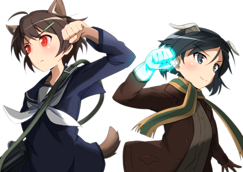 2girls absurdres animal_ears bangs black_eyes black_hair blouse blue_blouse blue_sailor_collar brave_witches brown_gloves brown_hair brown_jacket carrying clenched_hand closed_mouth dog_ears dog_tags fringe_trim frown gloves glowing glowing_eyes glowing_fist green_scarf gun hair_ornament hairclip highres holding holding_gun holding_weapon jacket kanno_naoe karibuchi_hikari long_sleeves looking_to_the_side multiple_girls open_clothes open_jacket orange_scarf red_eyes sailor sailor_collar scarf short_hair simple_background smile strike_witches tricky_46 weapon white_background white_neckwear world_witches_series