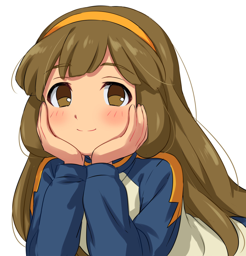 1girl absurdres blush brown_eyes brown_hair closed_mouth hairband highres inazuma_eleven_(series) inazuma_eleven_go inazuma_eleven_go_chrono_stone jacket long_sleeves looking_at_viewer nanobana_kinako raglan_sleeves sekina simple_background smile solo upper_body white_background