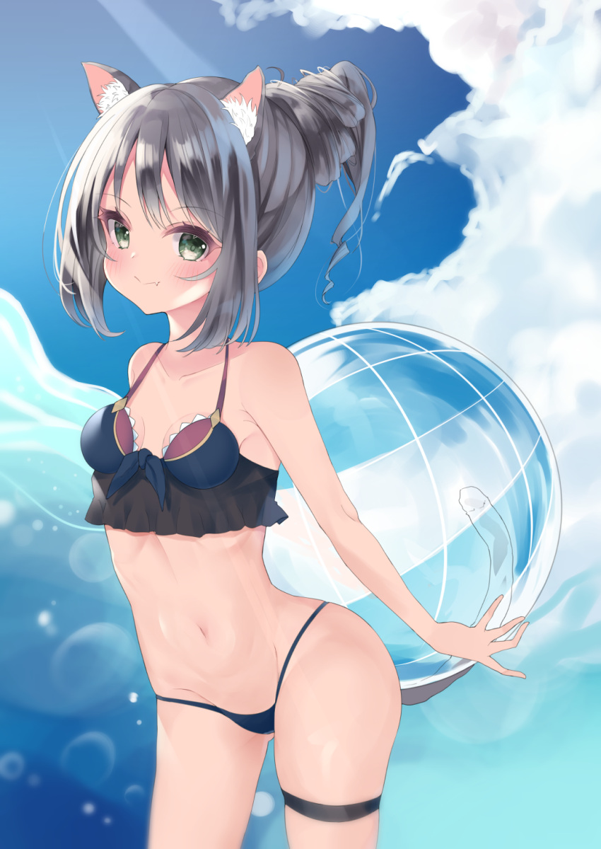 1girl agaki_anko alternate_hairstyle animal_ear_fluff animal_ears ball beachball bikini black_bikini black_hair blue_sky blush bow bow_bikini breasts bubble cat_ears cat_girl cat_tail closed_mouth clouds cloudy_sky commentary_request day eyebrows_visible_through_hair fang green_eyes groin hair_bun hair_up highres holding holding_ball karyl_(princess_connect!) looking_at_viewer lowleg lowleg_bikini navel object_behind_back outdoors partial_commentary princess_connect! princess_connect!_re:dive skindentation sky small_breasts smile solo standing string_bikini swimsuit tail thigh_strap