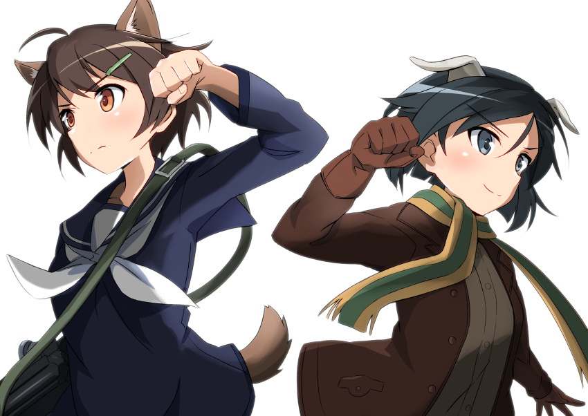 2girls absurdres animal_ears bangs black_eyes black_hair blouse blue_blouse blue_sailor_collar brave_witches brown_eyes brown_gloves brown_hair brown_jacket carrying clenched_hand closed_mouth dog_ears dog_tags fringe_trim frown gloves green_scarf gun hair_ornament hairclip highres holding holding_gun holding_weapon jacket kanno_naoe karibuchi_hikari long_sleeves looking_to_the_side multiple_girls open_clothes open_jacket orange_scarf sailor sailor_collar scarf short_hair simple_background smile strike_witches tricky_46 weapon white_background white_neckwear world_witches_series