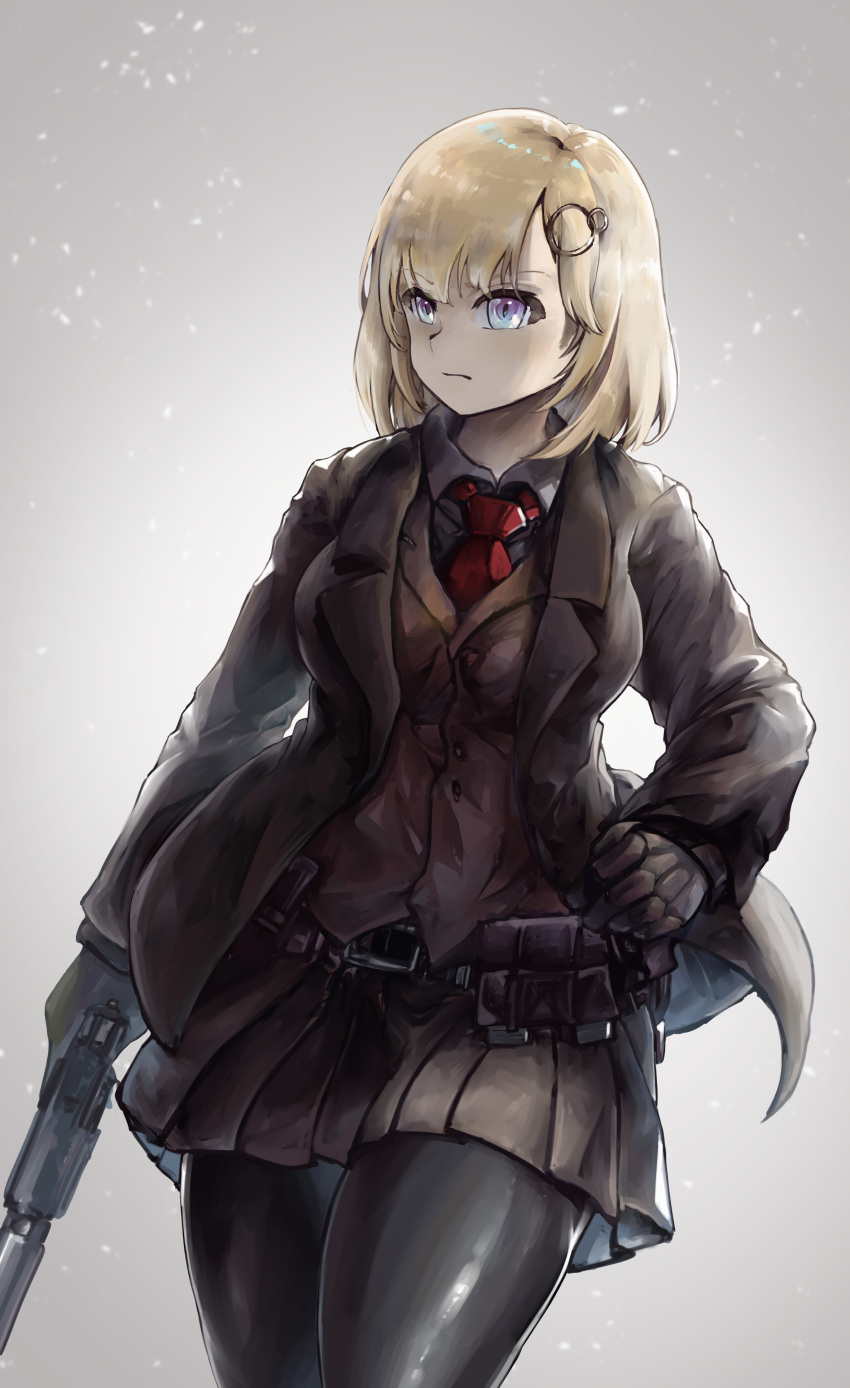 1girl absurdres backlighting belt black_legwear blue_eyes breasts brown_coat closed_mouth coat cowboy_shot double-breasted gauntlets gloves grey_background grey_sky gun hand_on_hip handgun highres holding holding_gun holding_weapon hololive hololive_english john_wick looking_to_the_side medium_breasts miniskirt necktie open_clothes open_coat pantyhose pistol pleated_skirt red_neckwear skirt snowing solo suppressor thighs utility_belt vest virtual_youtuber vyragami watson_amelia weapon