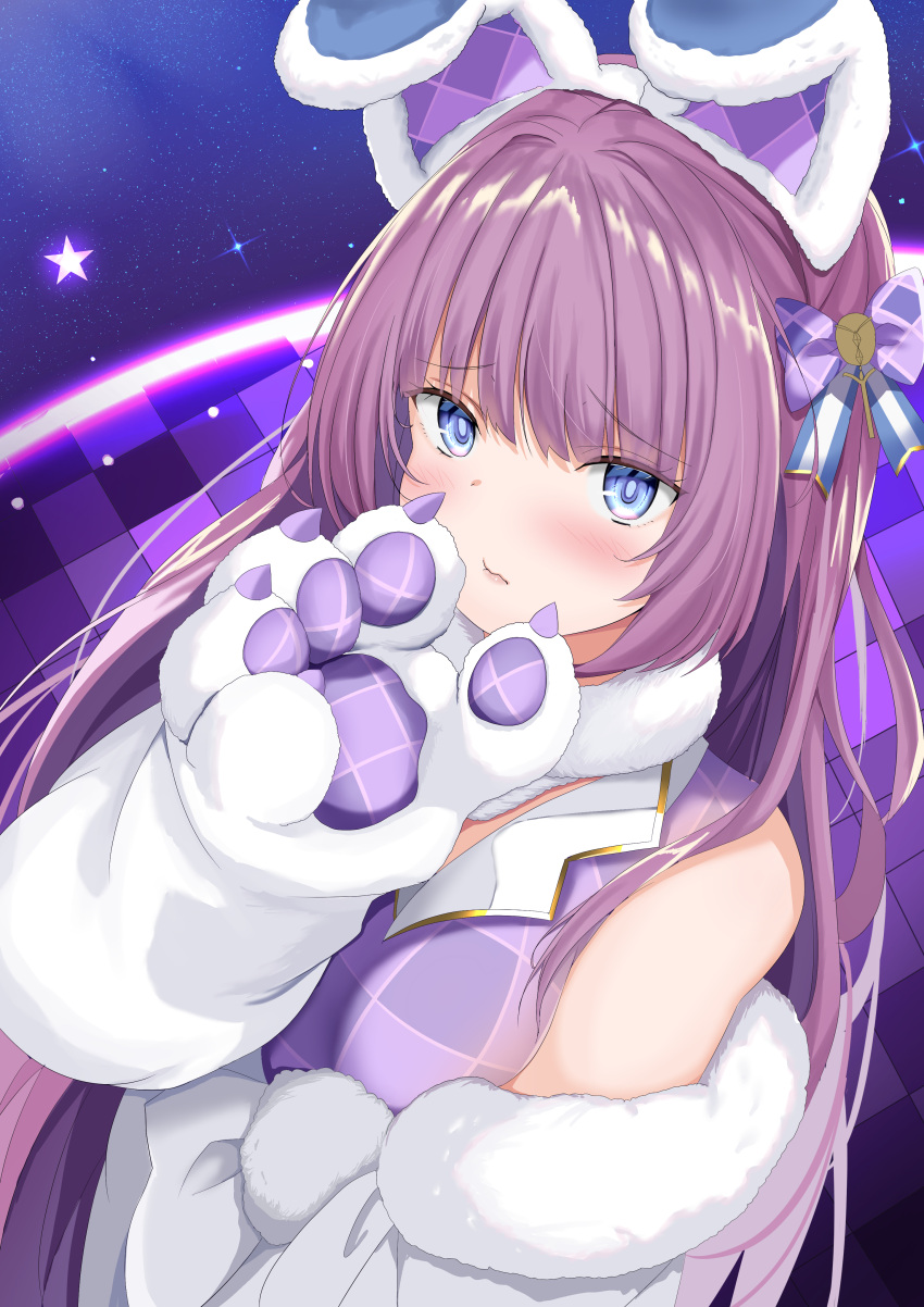 1girl absurdres animal_ears azur_lane bangs bare_shoulders blue_eyes blush breasts checkered checkered_shirt closed_mouth collared_shirt commentary_request eyebrows_visible_through_hair fake_animal_ears gloves hand_up haruto_(nyannzou789) highres long_hair looking_at_viewer paw_gloves paws purple_hair purple_shirt shirt sleeveless sleeveless_shirt small_breasts tashkent_(azur_lane) tashkent_(muse)_(azur_lane) upper_body very_long_hair wavy_mouth