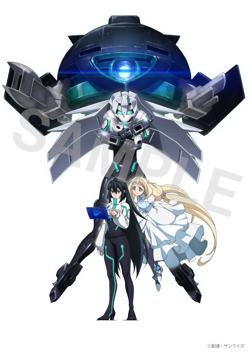 2girls aqua_eyes artist_request black_hair blonde_hair blue_eyes bodysuit dress dual_wielding energy_gun eve_(gundam_build_divers_re:rise) floating glowing glowing_eye glowing_eyes gun gundam gundam_build_divers gundam_build_divers_re:rise handgun highres holding holding_gun holding_weapon holographic_interface long_hair may_(gundam_build_divers_re:rise) mecha mobile_doll_may multiple_girls official_art one-eyed pistol sample second-party_source shrug_(clothing) very_long_hair watermark weapon white_background white_dress wodom_pod