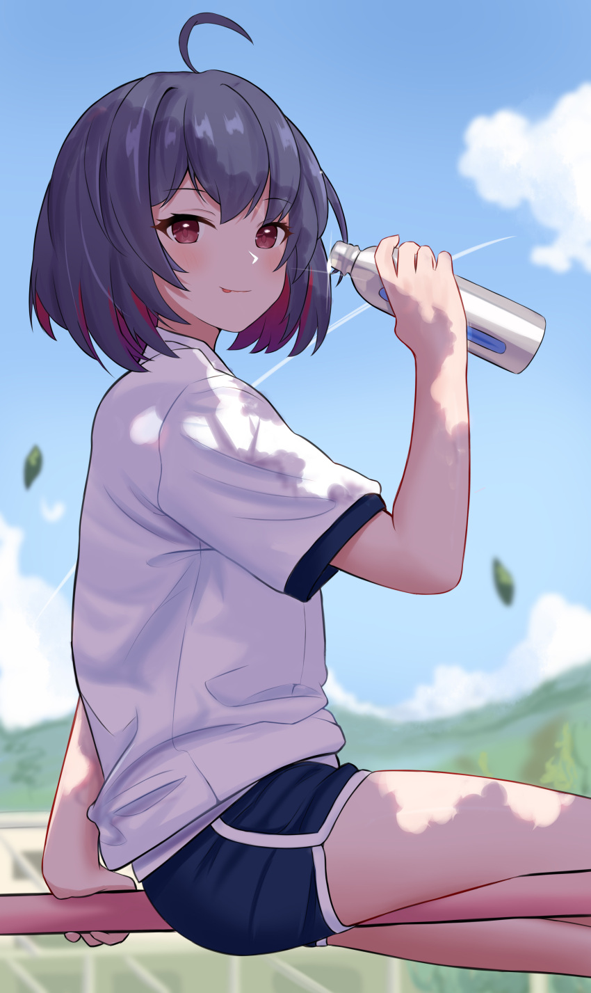 1girl :p absurdres black_hair blue_sky blurry blurry_background blush bottle clouds colored_inner_hair drinking gym_shirt gym_shorts gym_uniform highres honkai_(series) honkai_impact_3rd licking_lips looking_at_viewer multicolored_hair outdoors red_eyes redhead seele_(alter_ego) seele_vollerei shade shirt short_hair short_sleeves shorts sitting sky smile solo taw_(993004677) tongue tongue_out two-tone_hair water_bottle white_shirt