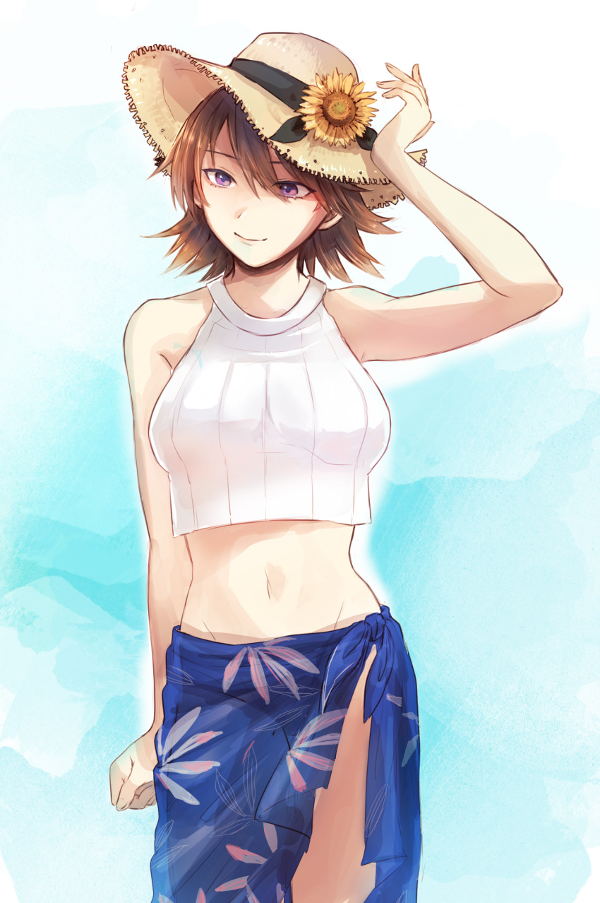 1girl brown_hair flipped_hair flower groin hagioshi hair_between_eyes hairband halter_top halterneck hat hiei_(kantai_collection) highres kantai_collection light_smile looking_to_the_side navel sarong short_hair smile straw_hat sun_hat sunflower violet_eyes