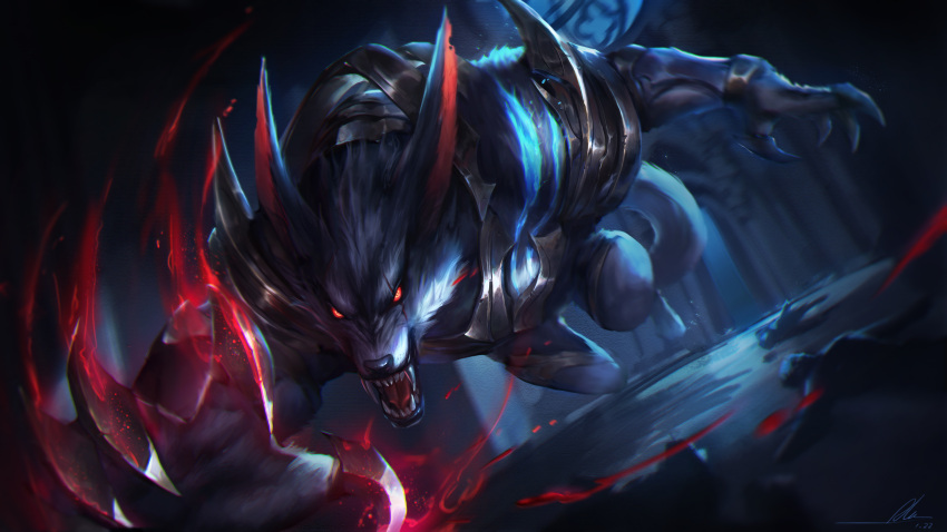 4boys absurdres alov armor blood claws dated death decapitation door glowing glowing_eyes highres indoors league_of_legends lying monster multiple_boys murder night on_floor open_mouth red_eyes scar scar_across_eye scratches signature slashing warwick werewolf